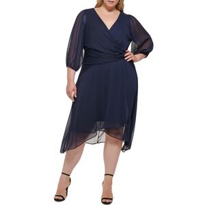 DKNY Midnight Navy Chiffon Surplice MIDI Occasion Dress Sheer Sleeves NEW 18W